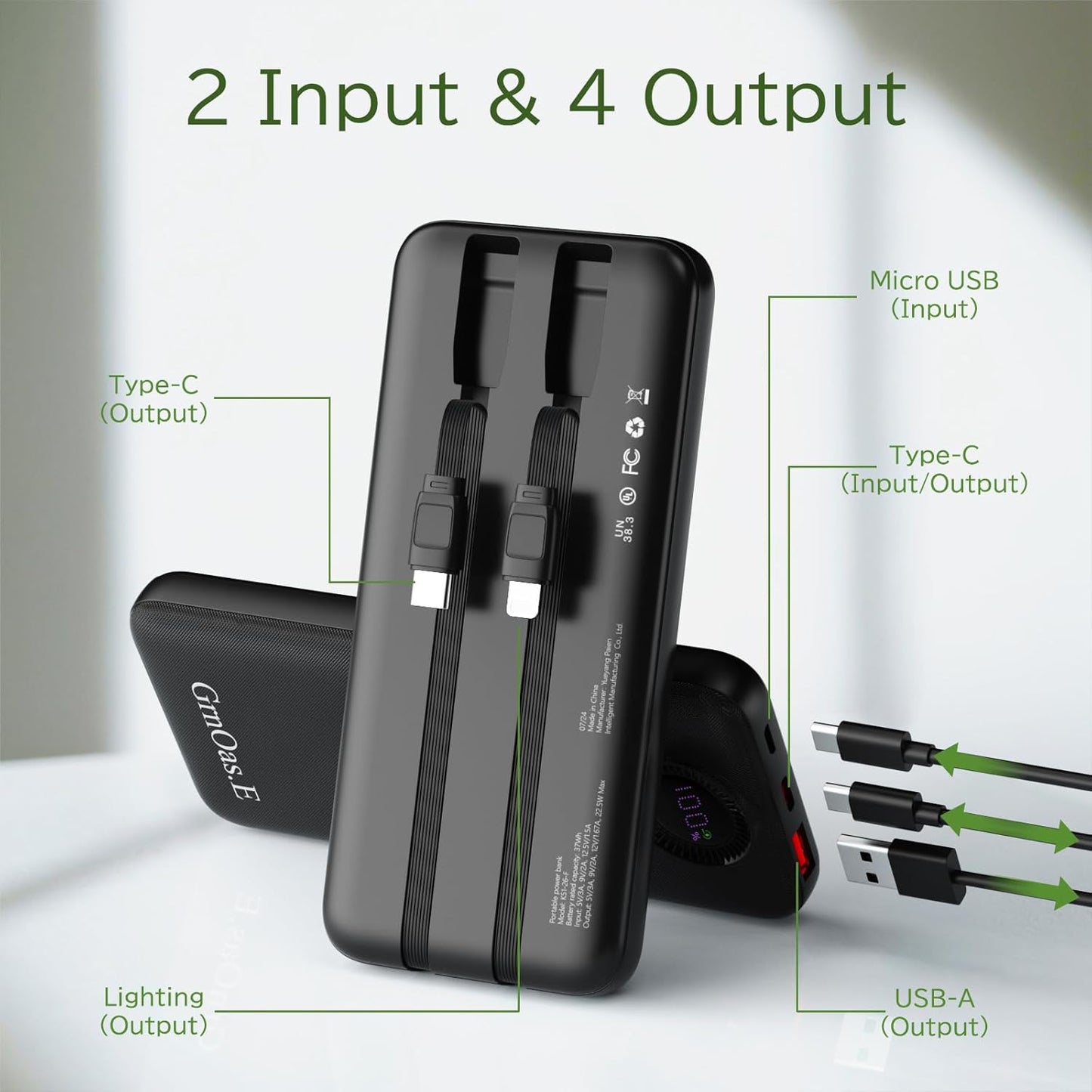 Power Bank,10000mAh 22.5W Max Portable Charger Built in Cables，4 Outputs 2 Inputs External Phone Powerbank,5V/3A Fast Charging Travel Charger for iPhone Android iPad,(Pearl Black)