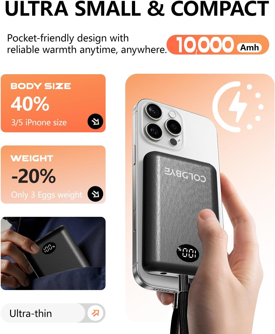 ColdBye 7.4V/5V Battery Pack for Heated Vest, Ultra-Small 10000mAh Battery Pack for Heated Jacket with LED Display Compatible with DC 7.4V/ USB&Type-C 5V 2A - Heated Clothing & Heated Chair