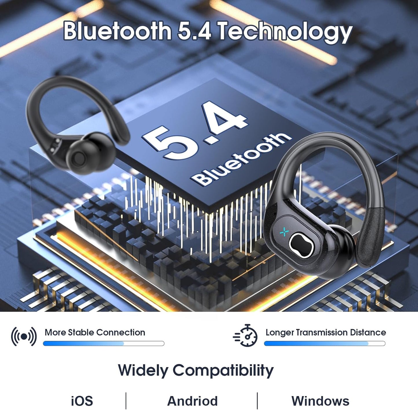 Wireless Earbuds 75hrs Bluetooth 5.4 Headphone Sport, 2025 Bluetooth Earbuds Stereo Deep Bass Over Ear Bud with Earhooks, ENC Noise Cancelling Mic, IPX7 Waterproof Earphone for Workout/Running