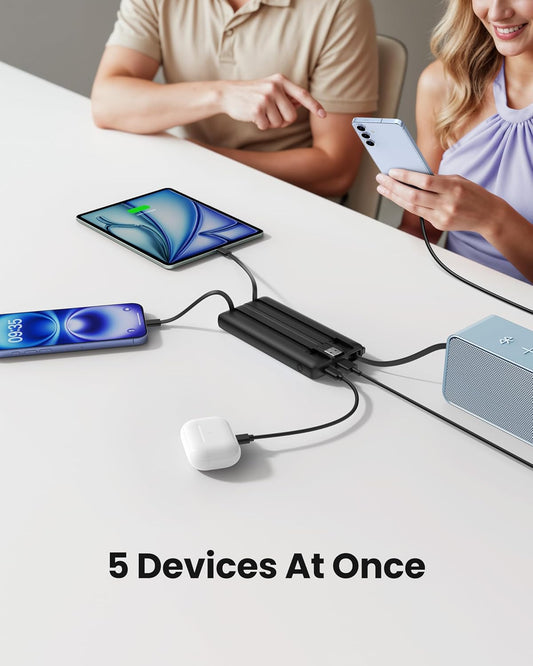 Portable Charger with Built in Cables, Slim 10000mAh Power Bank with USB C, External Battery Pack 5 Outputs 2 Inputs LED Display Compatible with iPhone/Android & More (Black)