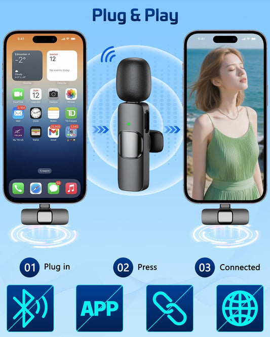 HONGJIEYUAN Pink Wireless Lavalier Microphone for iPhone & Android - Mini Clip-On Mic with Noise Cancellation, 65ft Range, 8H Battery, USB-C/Lightning - for TikTok, YouTube, Podcast, Live Streaming