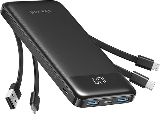 charmast 10000mAh Portable Charger,Built-in 4 Cables,6 Outputs/3 Inputs,3A Fast Charging,Compatible with iPhone,iPad,Samsung,Pixel,LG