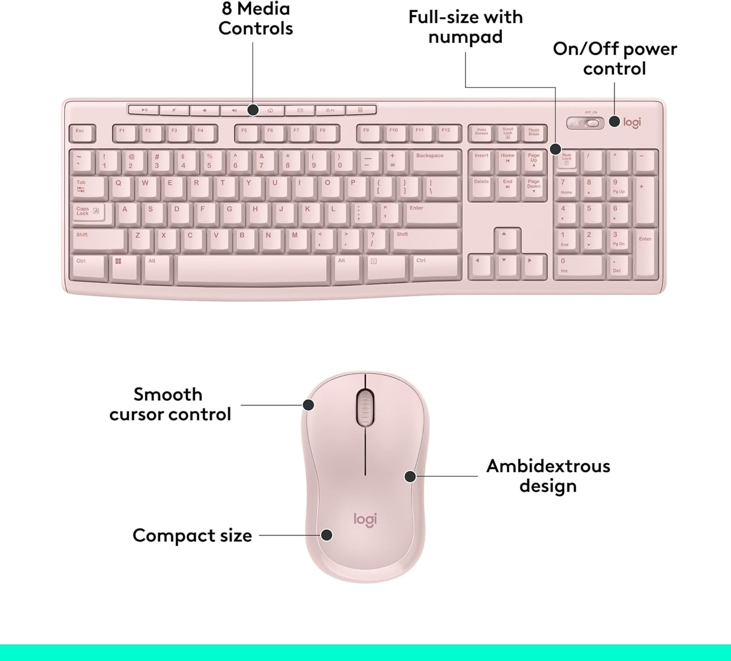 Logitech MK270 Wireless Keyboard and Mouse Combo for Windows, 2.4 GHz, 8 Multimedia Keys, PC, Laptop, Wireless Keyboard Compact Mouse Combo - Rose