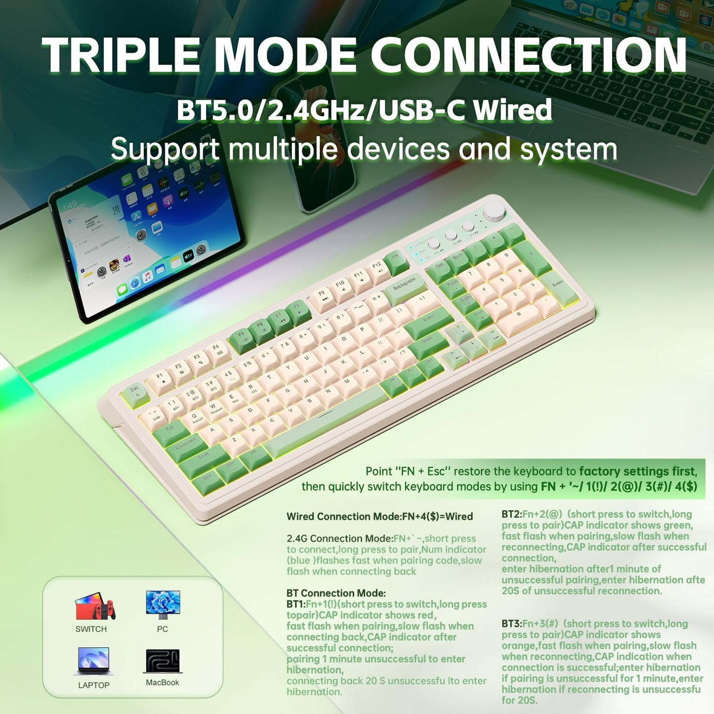 AULA S99 Gaming Keyboard, Wireless Computer Keyboards, Tri-Mode Bluetooth/2.4GHz/USB-C Custom Creamy Keyboard with Number Pad, RGB Backlit Media Knob Cute Programmable Keyboard for PC Gamer - Green