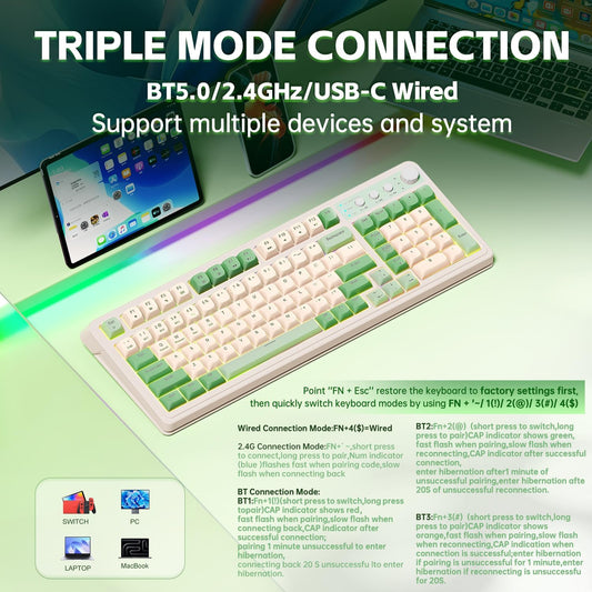 AULA S99 Gaming Keyboard, Wireless Computer Keyboards, Tri-Mode Bluetooth/2.4GHz/USB-C Custom Creamy Keyboard with Number Pad, RGB Backlit Media Knob Cute Programmable Keyboard for PC Gamer - Green