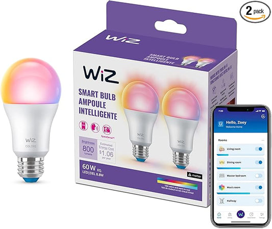 WiZ Connected Smart Light Bulbs, 2-Pack, Color A19 60W 800LM E26 Indoor LED Lights, Smart Bulbs with Motion Detection, Control with Voice or App