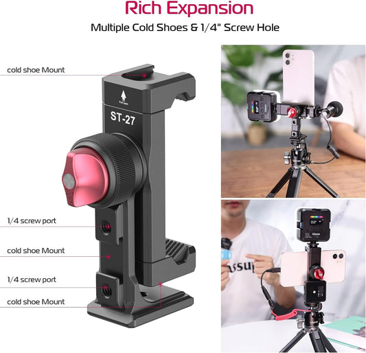 Metal Phone Tripod Mount 3 Cold Shoes & Arca Port, 360° Smartphone Tripod Adapter for iPhone 17 16 15 Cell Phone Stand Holder for Desktop Video Live Streaming Vlogging Rig