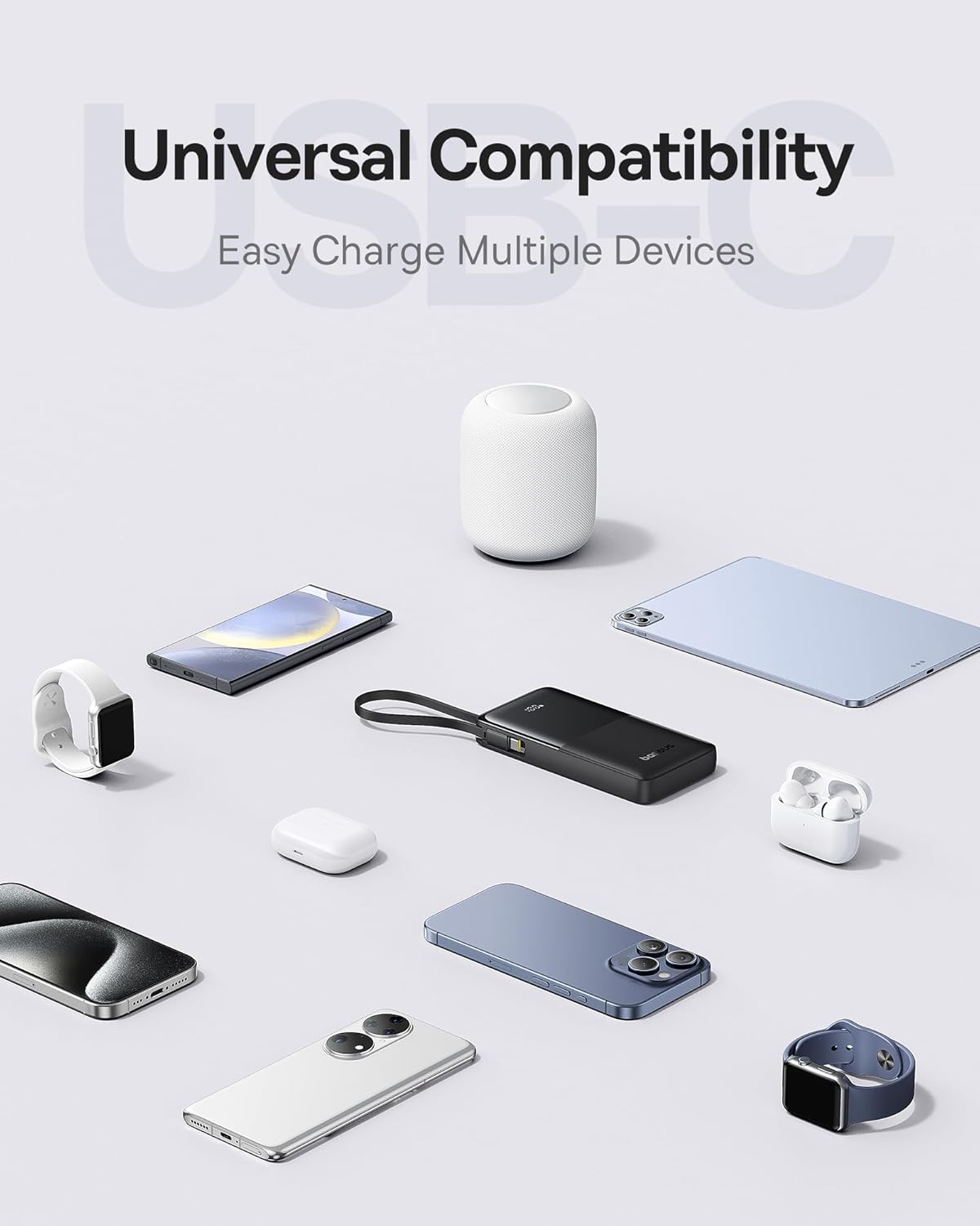 Baseus Portable Charger, 10000mAh Fast Charging Power Bank, 22.5W PD3.0 QC3.0 Battery Pack Built-in USB C Braided Cable, Travel Essentials for iPhone 17 16 15, iPad, S25/S24, Indoor/Outdoor