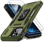 DEERLAMN Case for iPhone 15 with Slide Camera Cover + Screen Protector (2 Packs), Rotated Ring Kickstand Military Grade Shockproof Protective Cover-Olive Green