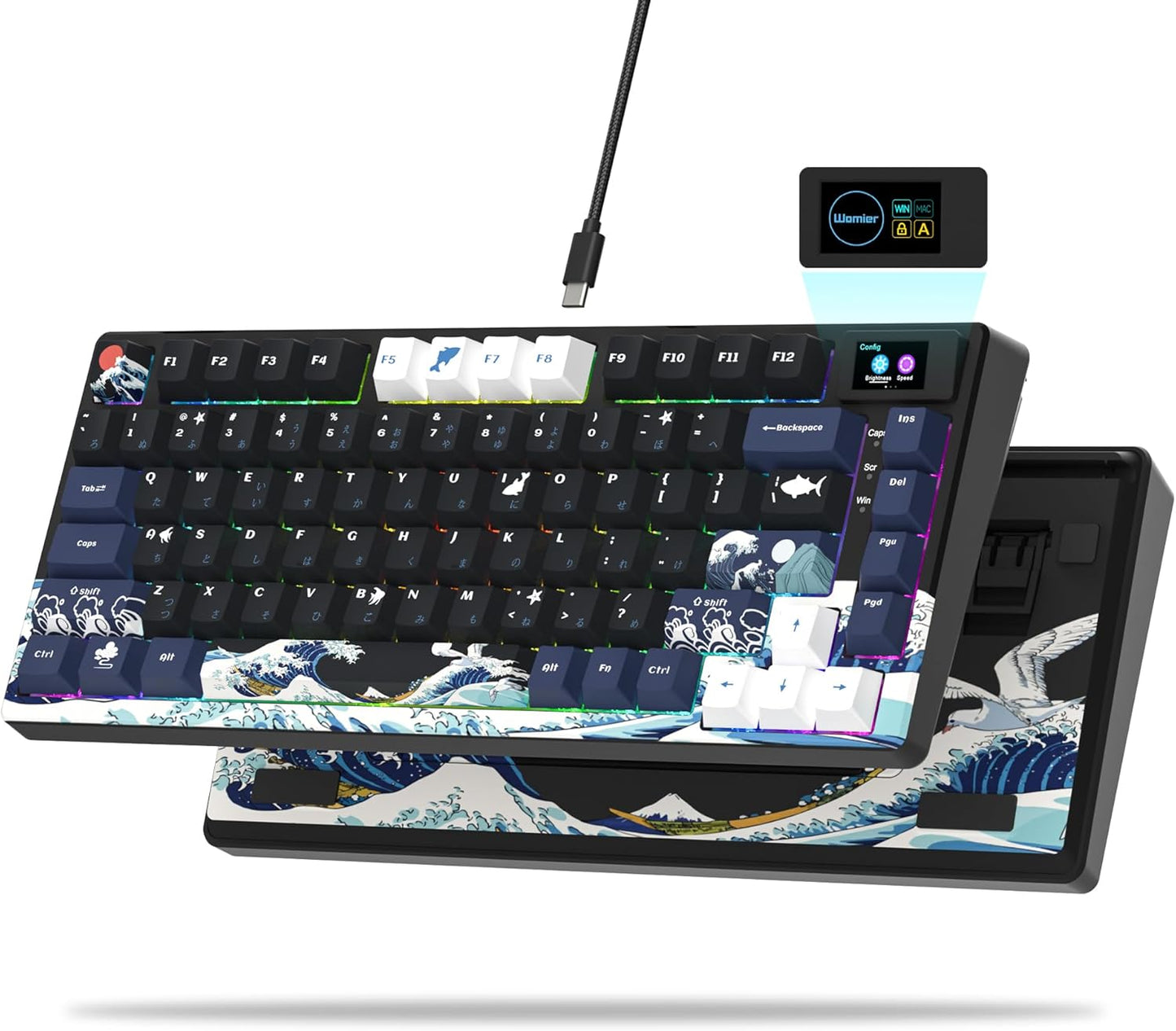 Womier SK80 75% Keyboard with Color Multimedia Display Mechanical Gaming Keyboard Creamy Sound, Wired Hot Swappable Gasket Mount RGB Custom Key Board, Pre-lubed Stabilizer for Mac/Win, Black Kanagawa