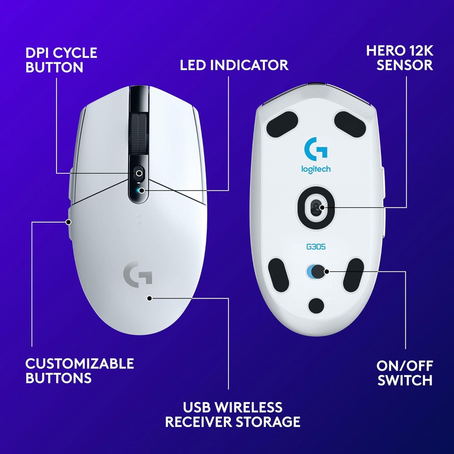 Logitech G305 Lightspeed Wireless Gaming Mouse, White