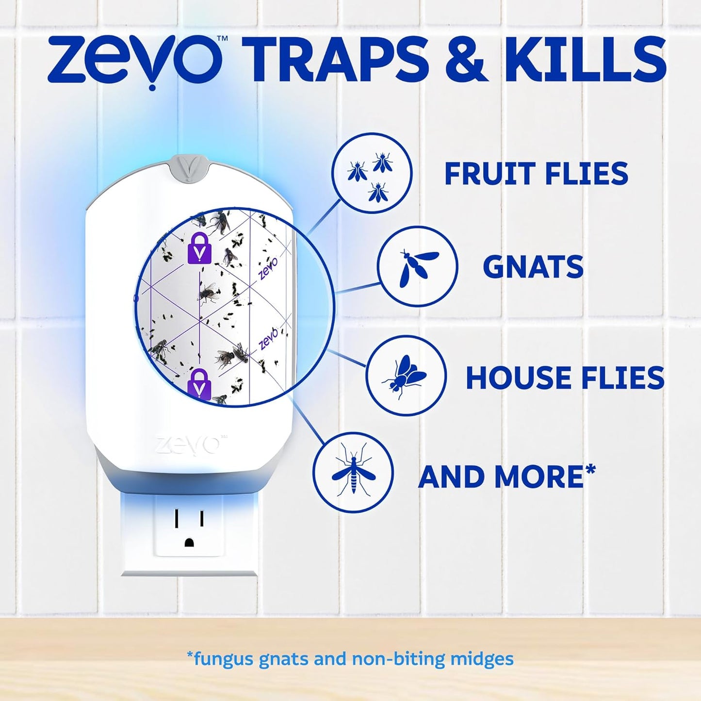Zevo Flying Insect Trap & 3 Refill Cartridges - Plug in Fly Trap & Indoor Bug Catcher for Gnats, House & Fruit Flies - Blue & UV Light Technology, Mess-Free Alternative to Bug Zapper