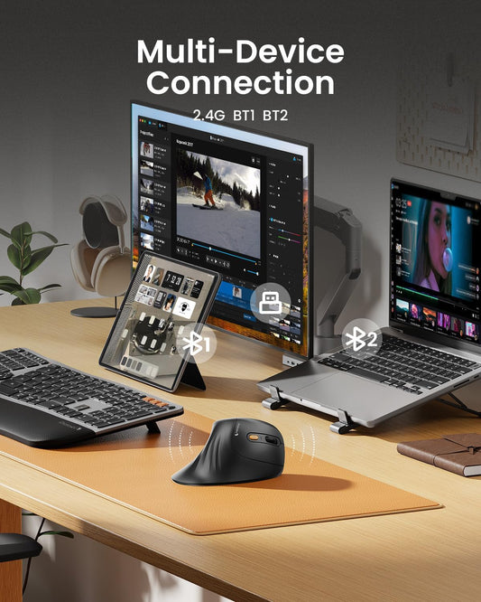 ProtoArc Ergonomic Mouse, EM11 NL Bluetooth Rechargeable Wireless Vertical Mouse, 3 Multi-Device Connectivity for Computer/PC/Laptop, 2.4GHz Optical Mice for Windows, Mac OS, Black