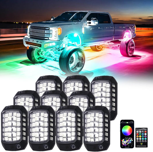 Rock Lights for Trucks, 10 Pods RGB LED Rock Lights with APP/Remote Control & Music Mode, High Bright Multilcolor Waterproof IP68 Rock Neon Light Kits for Pickup Off Road RZR SUV ATV UTV Car