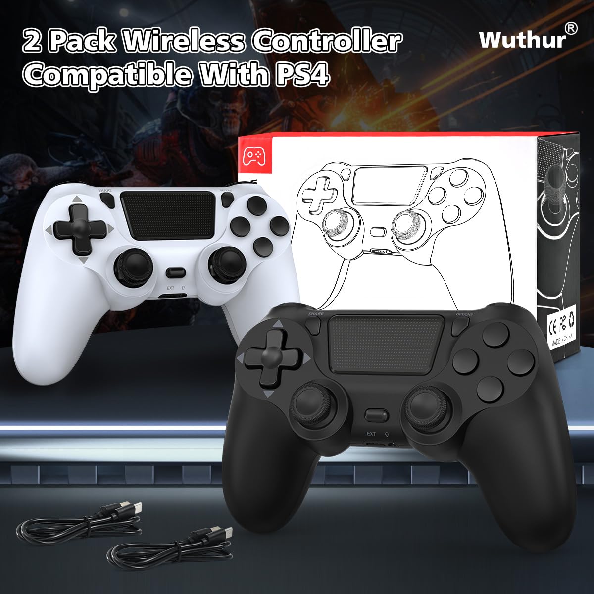 Wuthur 2 Pack Wireless Controller Compatible with PS4/Pro/Slim (Black & White)