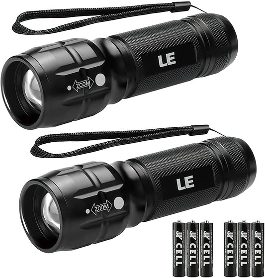 Lighting EVER LED Flashlights High Lumens, Small Flashlight, Waterproof, Adjustable Focus Flash Light for Outdoor, Emergency, Camping, AAA Batteries Included, 2 Pack