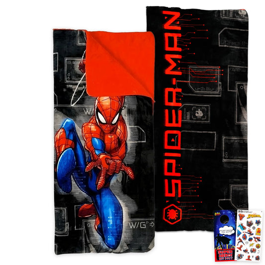 Marvel Spiderman Slumber Bag Set for Boys - Bundle of 54x56 Inches Spider-Man Sleeping Bag, Stickers, More | Spiderman Silk Touch Slumber Bag