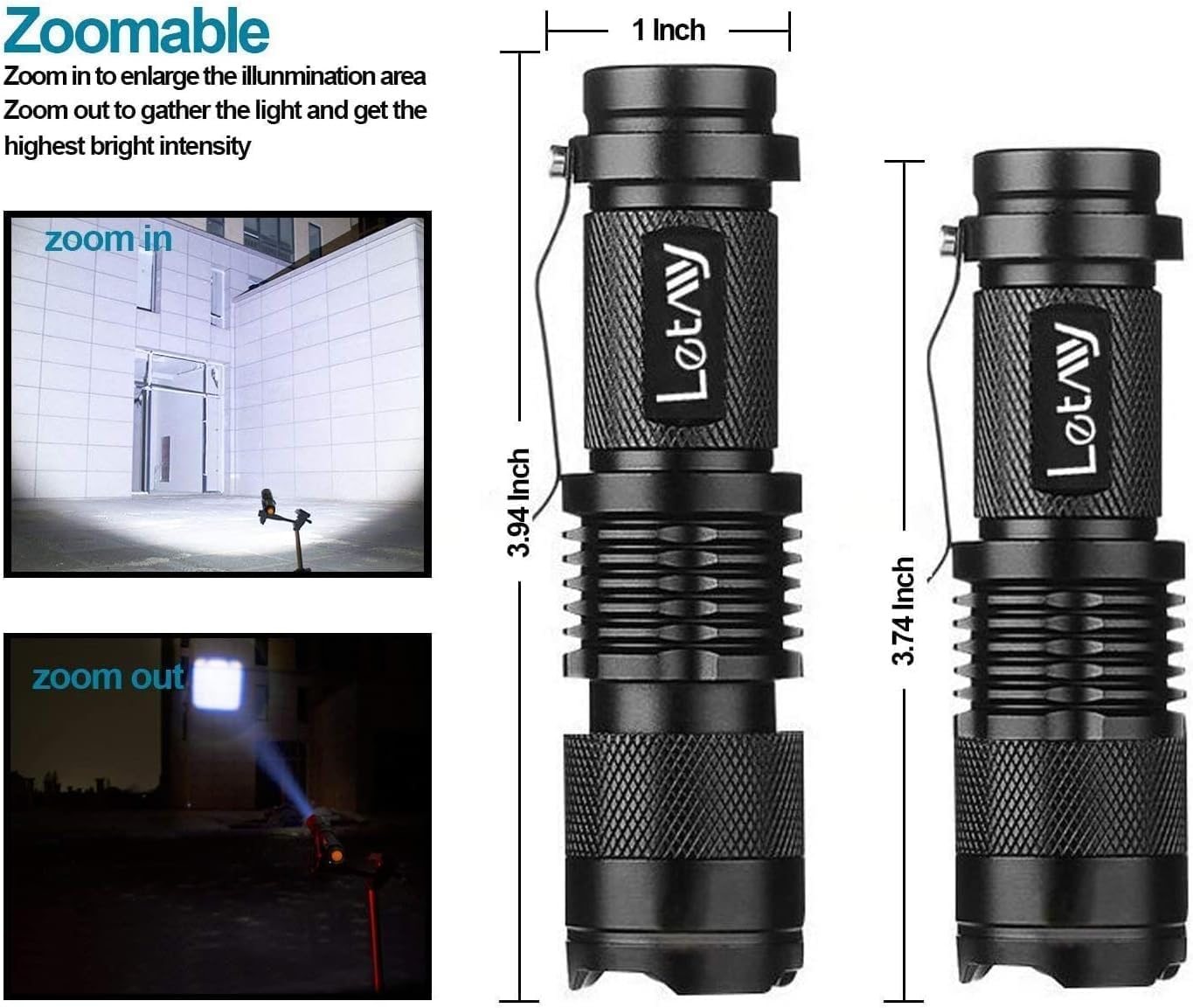 LETMY Tactical Flashlight, Super Bright LED Mini Flashlights with Belt Clip, Zoomable, 3 Modes, Waterproof - Best EDC Flashlight for Gift, Hiking, Camping, Hurricane & Power Outage (2 Pack)