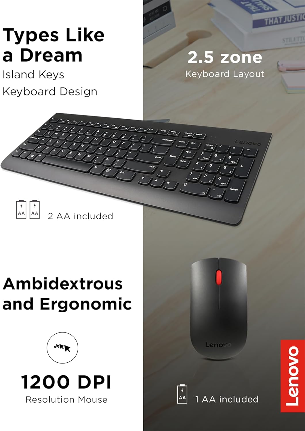 Lenovo 510 Wireless Keyboard & Mouse Combo, 2.4 GHz Nano USB Receiver, Full Size, Island Key Design, Left or Right Hand, 1200 DPI Optical Mouse, GX30N81775, Black