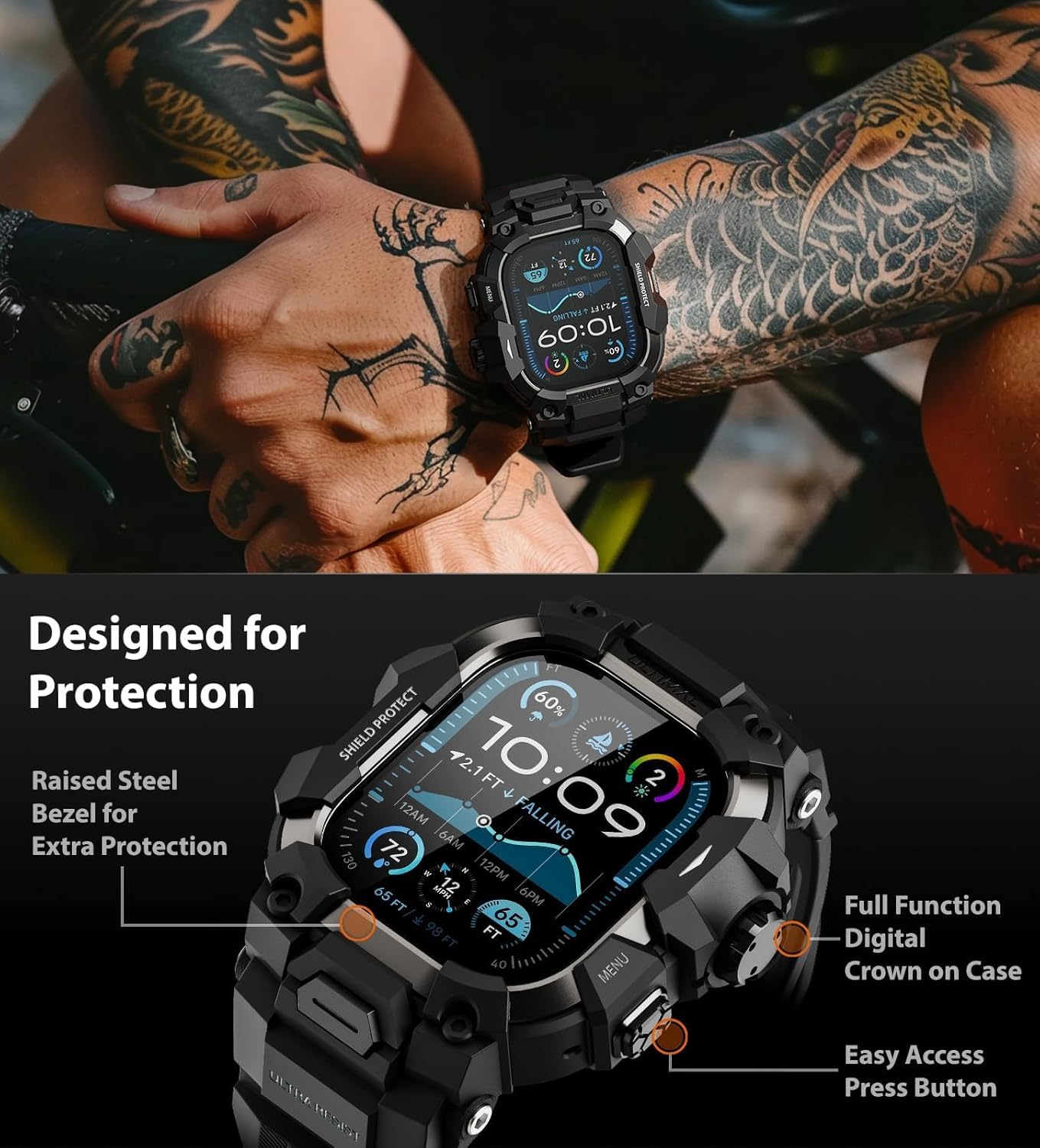 ULTIMAL Rugged Case with Band for Apple Watch 49mm,Compatible with Apple Watch Ultra 3/2/1, Military Grade Shockproof Bumper Cover for iWatch Tactical Band Men (Black, 49mm)