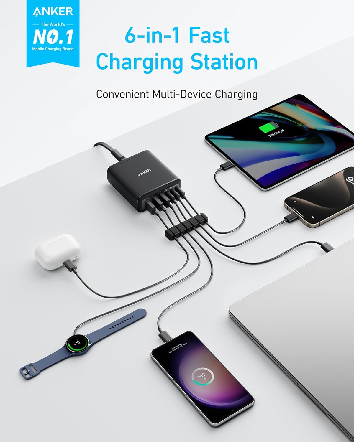 Anker Desktop Charger, Fast Charging USB C Charger, 112W Max 6-Port Charging Station, for iPhone 17, iPad, MacBook, Samsung and More (Cable Not Included)