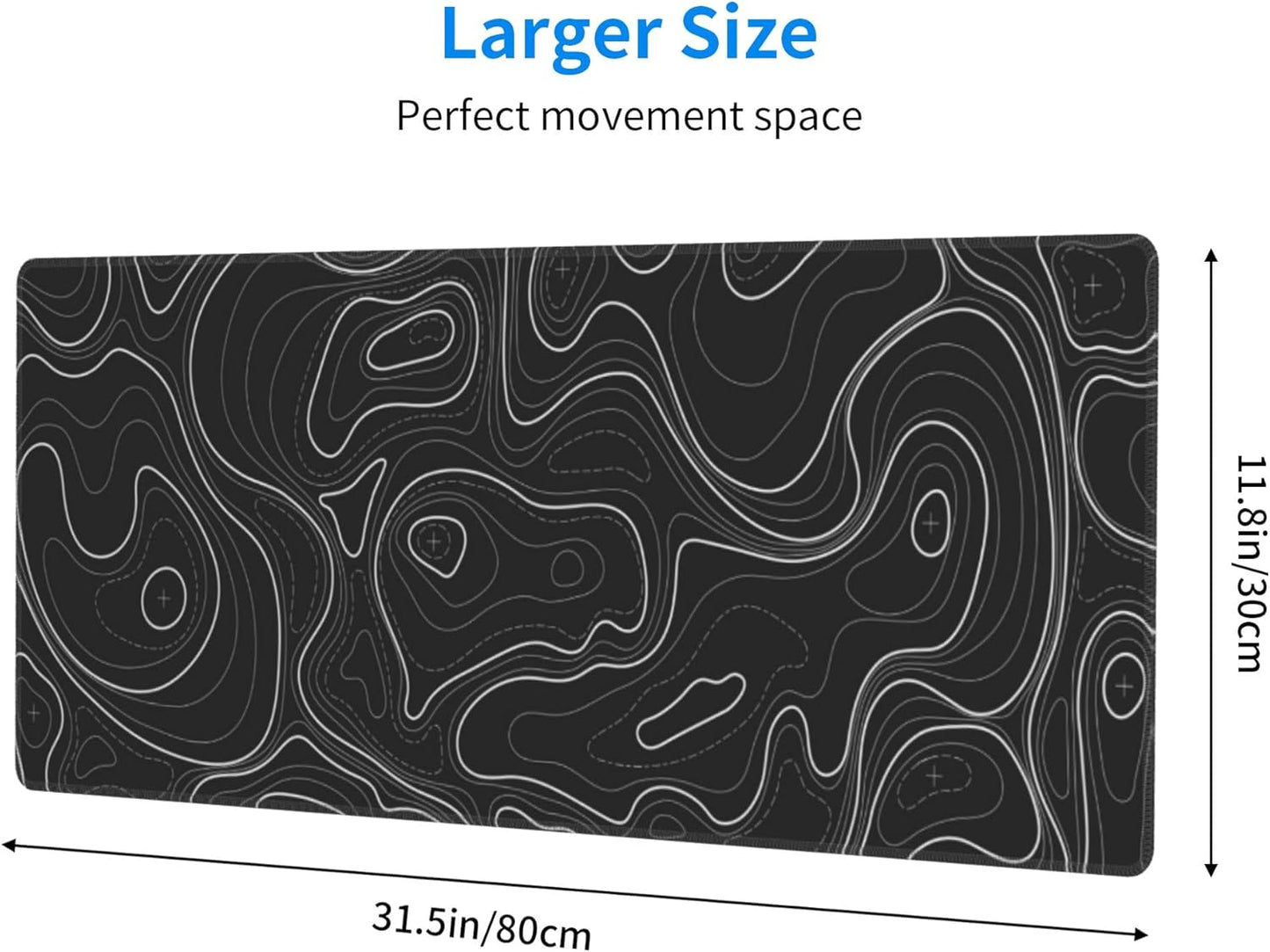 Large Gaming Mouse Pad Black Topographic Contour Mouse Pad Extended XL Long Mousepad Big Desk Mat with Stitched Edges & Nonslip Rubber Base for Company Office Work, 31.5 X 11.8 Inch