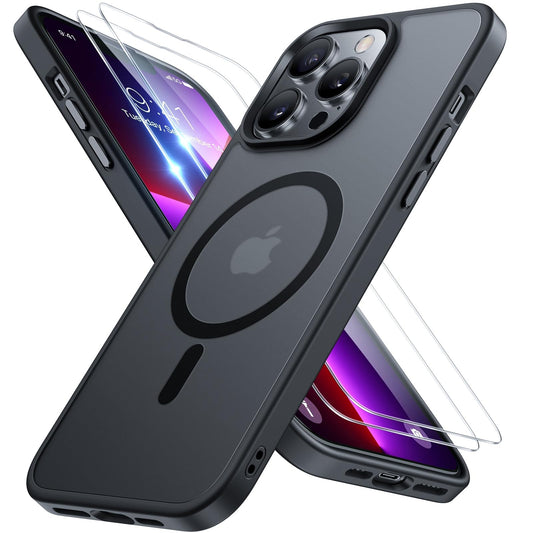 Miracase Case for iPhone 13 Pro with Magsafe & 9H+ Tempered Glass, Black | Top military protection and magnetic force: shockproof, scratch-resistant with velvety feel, durable mobile phone case for