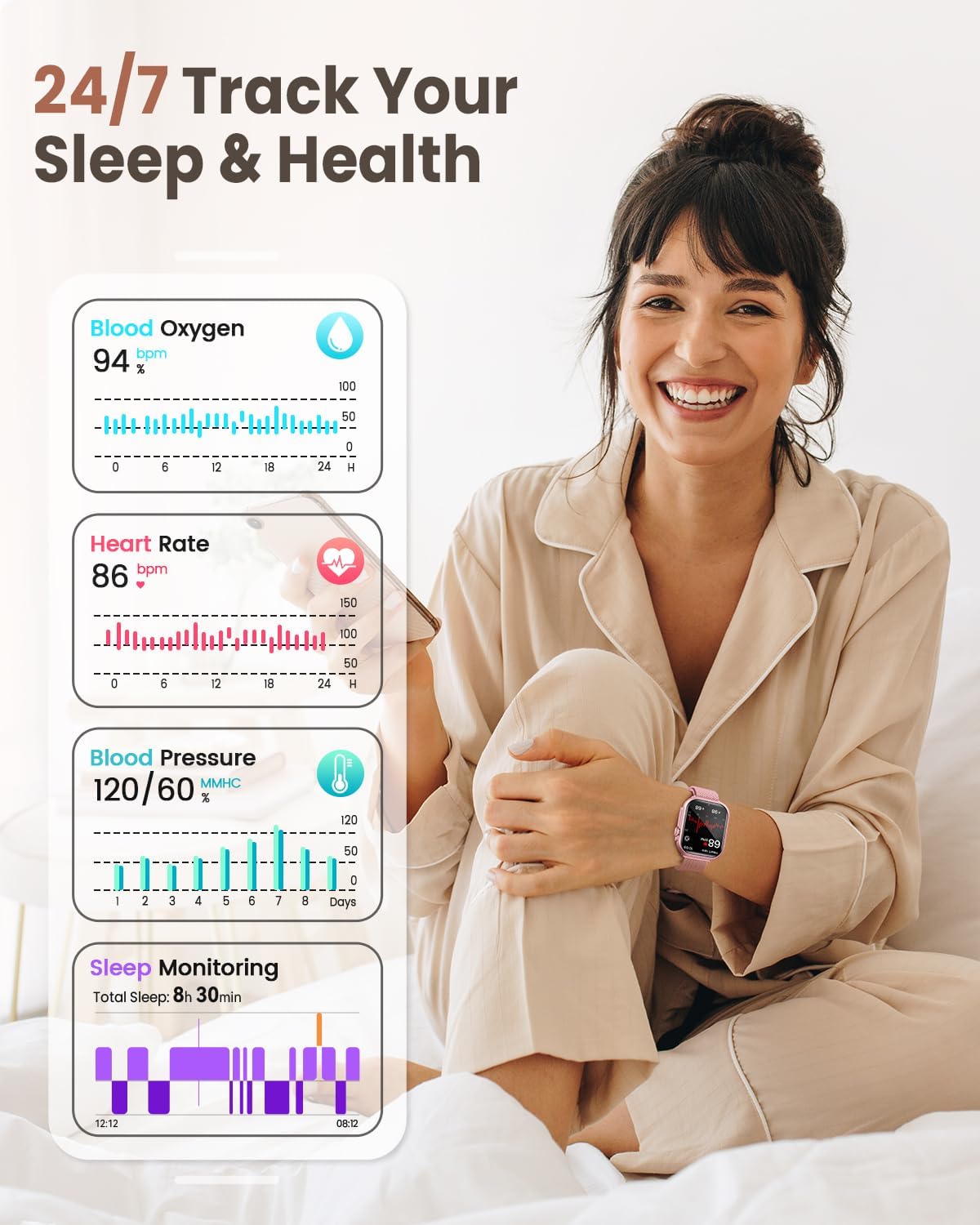 Smart Watches for Women (Android/iPhone), 1.83" HD Smart Watch with Calls/Messages/Notifications, Sleep/Heart Rate/SpO2/Blood Pressure Monitor, 110+ Sports Modes Fitness Tracker Watch, 1000mAh Battery