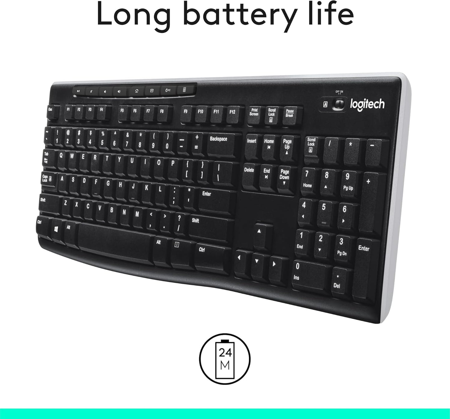 Logitech K270 Wireless Keyboard for Windows, 2.4 GHz Wireless, Full-Size, Number Pad, 8 Multimedia Keys, 2-Year Battery Life, Compatible with PC, Laptop, Black