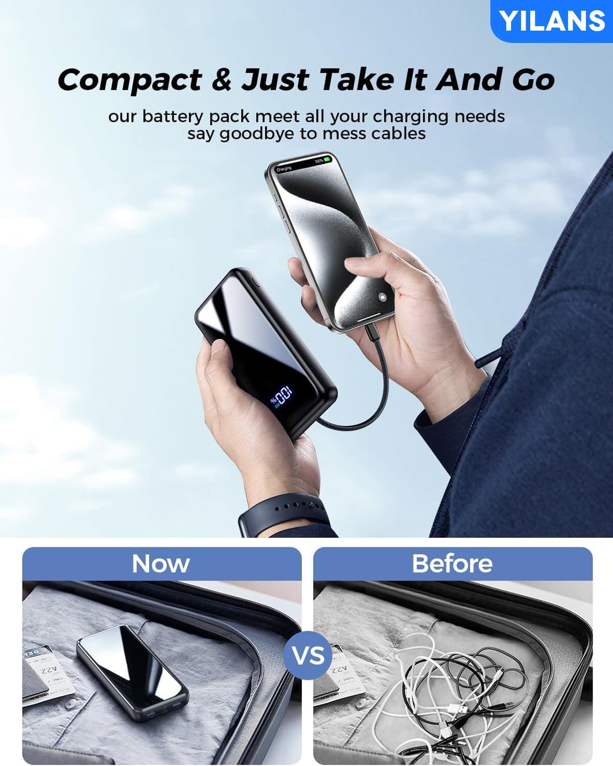 Portable Charger,50000mAh Power Bank Built-in Cable, 22.5W PD USB C In & Out Fast Charging, External Battery Pack with 6 Output & 2 Input, Travel Phone Charger for iPhone 17/16/15/14/13/12(Black)