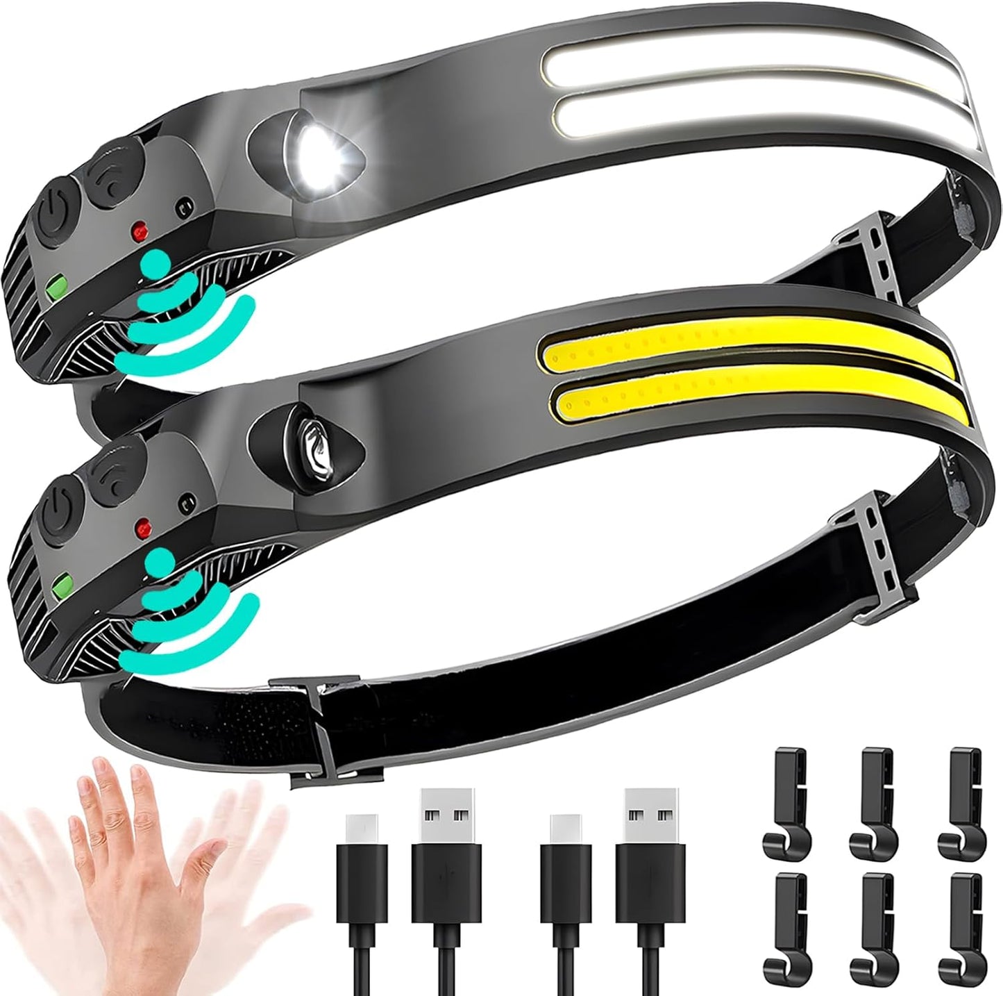 2PCS LED Headlamp Rechargeable - 230° COB Super Bright Head Lights for Forehead, Hard hat Light for Adults, USB C Headband Flashlight for Work, Hiking, Running, Camping Essentials Gear