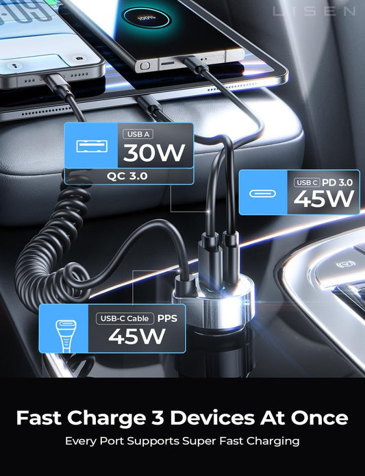 LISEN 90W for iPhone 17 16 15 Pro Max Car Charger USB C Fast Charge,Super Fast for iPhone 15 16 17 Pro Car Charger Type C Adapter for iPhone 17 16 15 Air ProMax Plus,Samsung Galaxy S25,Pixel, Android