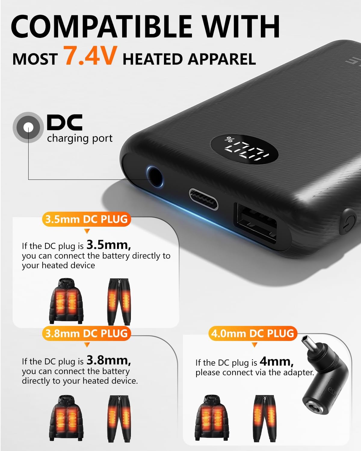 ColdBye 7.4V/5V Battery Pack for Heated Vest, Ultra-Small 10000mAh Battery Pack for Heated Jacket with LED Display Compatible with DC 7.4V/ USB&Type-C 5V 2A - Heated Clothing & Heated Chair