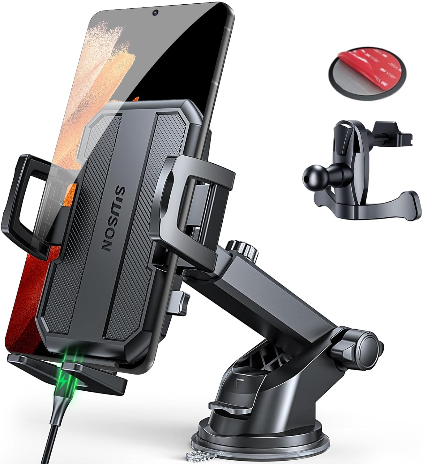 SUUSON 3 in 1 Phone Holders for Your Car, Car Phone Holder Mount [Strongest Suction] 360° Adjustable Cell Phone Holders for Car Phone Stand Car Mount for iPhone, Samsung, Google, More Smartphones