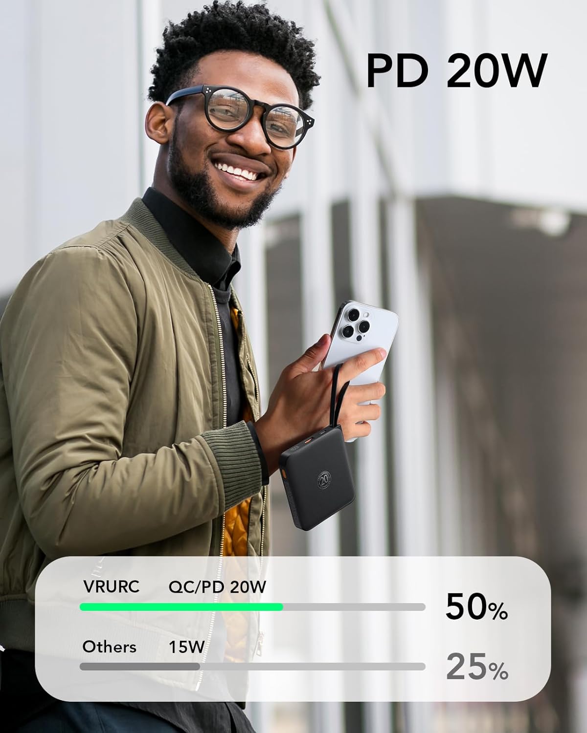 VRURC Portable Charger with Built-in Cable, 10000mAh 22.5W Fast Charging USB C Battery Pack, Cell Phone Power Bank for iPhone 17 16 15 Samsung Galaxy S25 S24 S23 Series Android Tablet, Black(1 Pack)