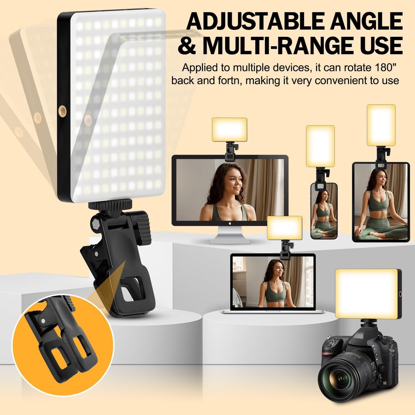 120 LED Selfie Light for iPhone, Portable Phone Light with Clip & Camera Tripod Adapter - 5000mAh Rechargeable, 3 Lighting Modes, CRI 97+ for Video Recording, TikTok, Tripod Mount Rings