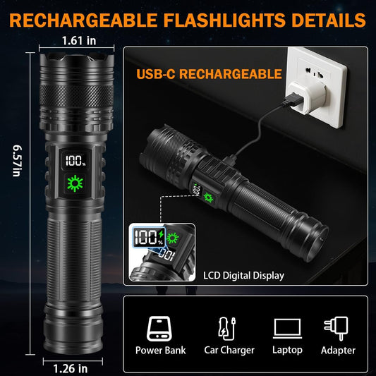 3Pack Rechargeable Flashlights High Lumens 9900FL, LED Flashlight Rechargeable with LCD Digital Display, 5Modes Adjustable Flash Light, Super Bright Flashlight Powerful, Tactical Flashlights for Home