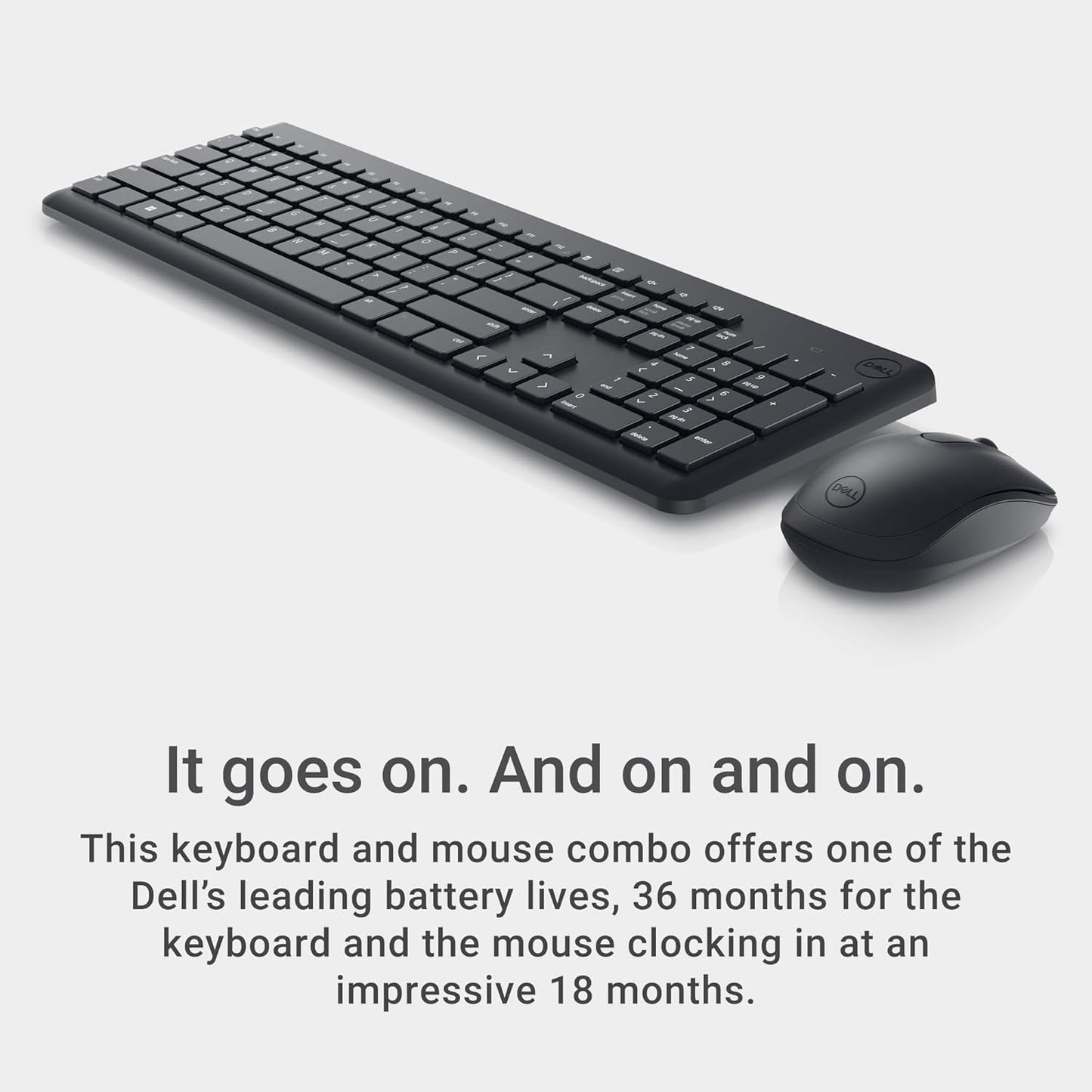 Dell Wireless Keyboard and Mouse - KM3322W, Wireless - 2.4GHz, Optical LED Sensor, Mechanical Scroll, Anti-Fade Plunger Keys, 6 Multimedia Keys, Tilt Leg - Black