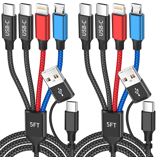 Dual Type-C Ports 4 in 2 Multi Charging Cable, Travel Cruise Essentials USBA/C Charging Cords for Multiple Devices, Phone Charger Cord for iPhone17-12/Androids/Pad and More, Car Charger(2Pcs, 5FT)