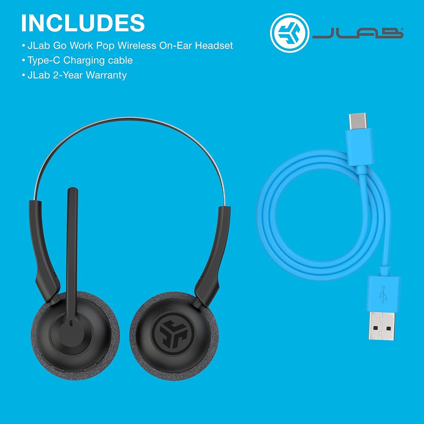 JLab Go Work Pop On-Ear Wireless Headset, Black, 50+ Hours Playtime, Bluetooth Multipoint, Rotating Boom Mic, Noise Canceling MEMS Microphone, Light-Weight, Portable, PC/Mac| Mobile (1 Pack)