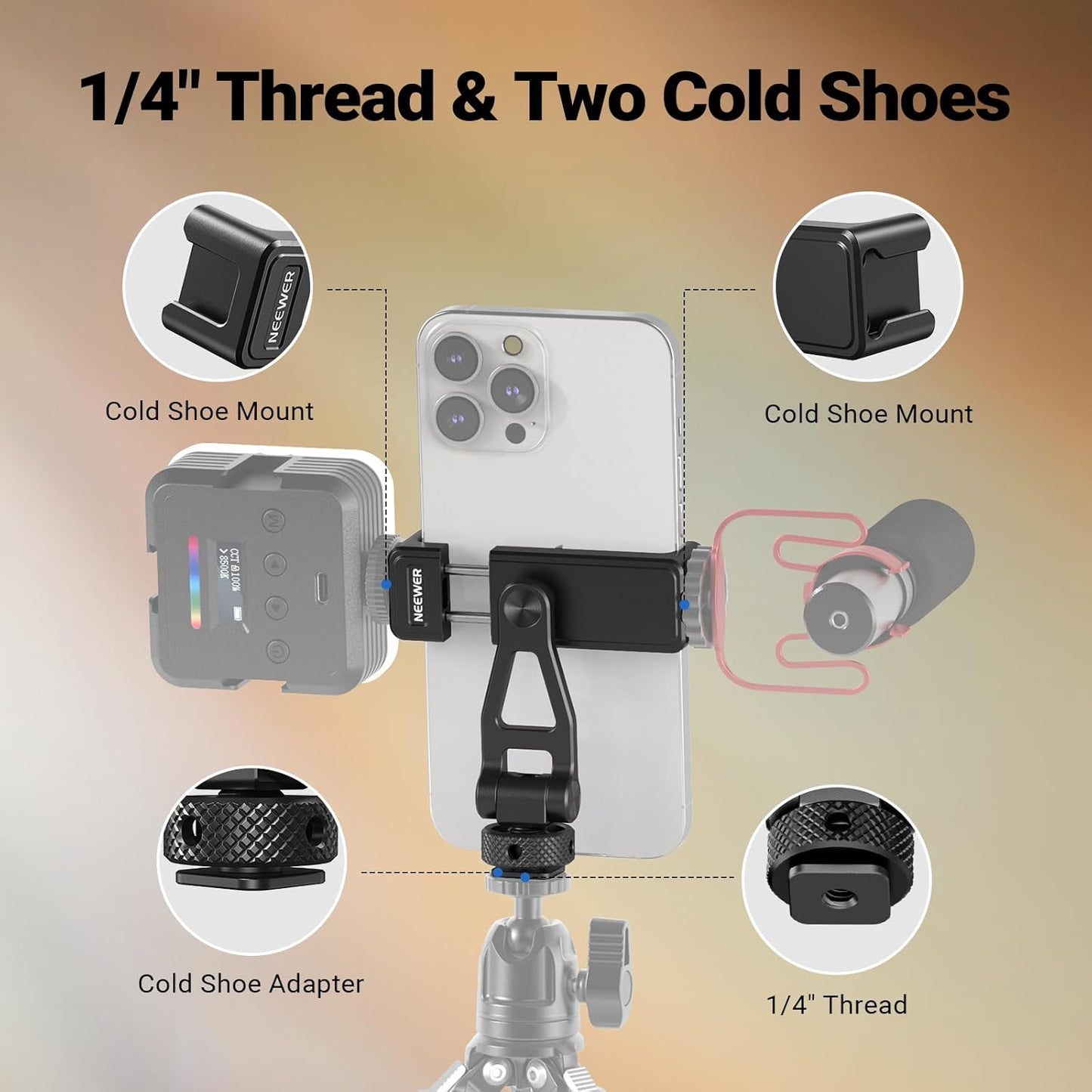 NEEWER Metal Phone Tripod Mount with Cold Shoes, 1/4" Thread, 180° Tilt, 360° Rotation, Adjustable Phone Clamp Holder Compatible with iPhone 17 Pro Max 16 15 Samsung S25 S24 Ultra Camera Cage, GA010