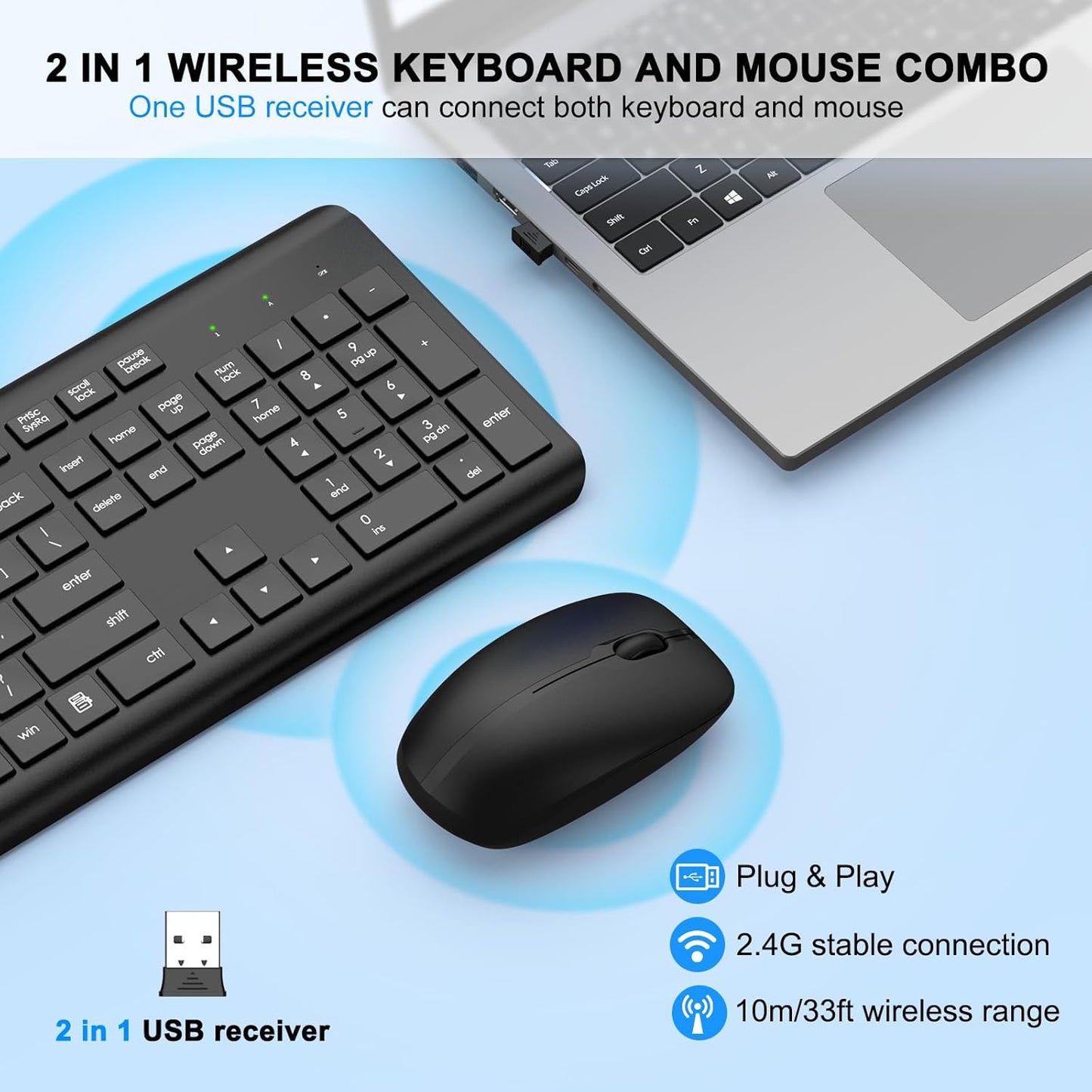 Wireless Keyboard and Mouse Combo, Full Size Silent Ergonomic Keyboard and Mouse, Long Battery Life, Optical Mouse, 2.4G Lag-Free Cordless Mice Keyboard for Computer, Mac, Laptop, PC, Windows