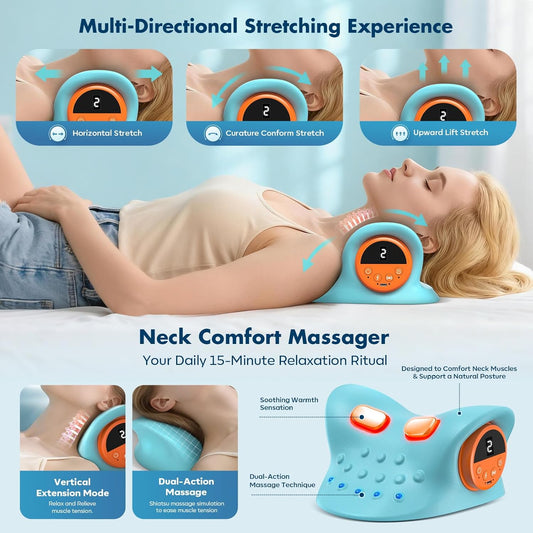 Neck Massager 2026,4-in-1 Neck & Shoulder Massager with Multi-Directional Stretch, Heating & Vibration, 360° Remote Control – Ergonomic for Home, Office,Car Travel