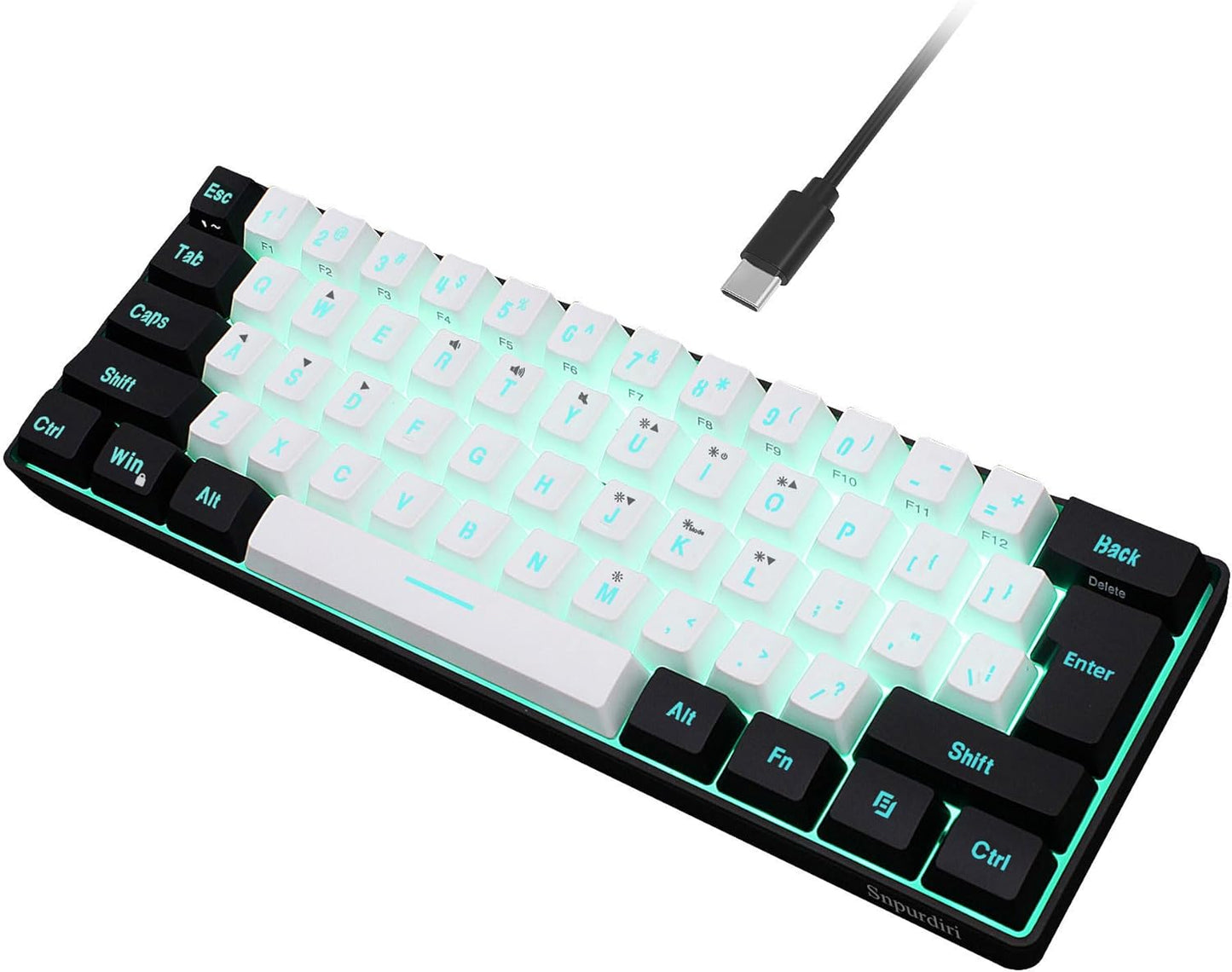 Snpurdiri 60% Wired Gaming Keyboard, 61 Keys RGB Backlit Ultra-Compact Small Gaming Keyboard, for PC/Mac Gamer, Typist, Travel, Easy to Carry on Business Trip(Black-White)
