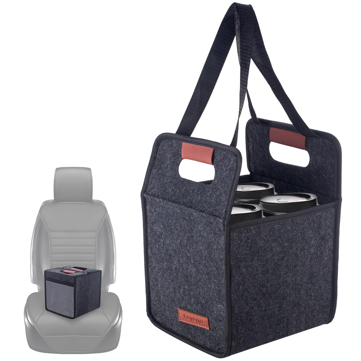 Foyego 4 Cup Drink Carrier with Handle, Reusable Insulated Drink Caddy Drink Holder for Car, Folding Portable Coffee Cup Holder Bag for Travel and Delivery