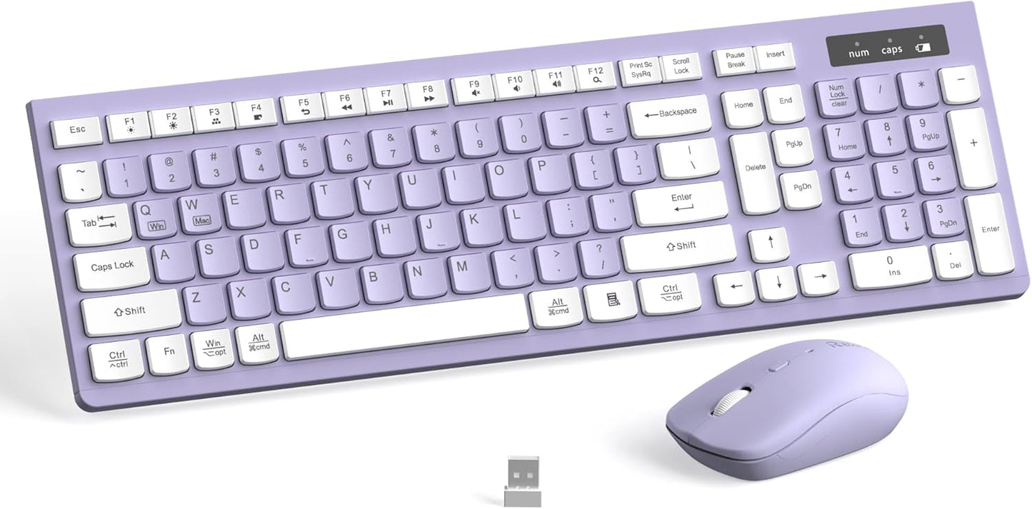 Wireless Keyboard and Mouse Combo, Full-Sized Wireless Keyboard and Adjustable DPI Mouse, 2.4GHz USB Receiver, Silent Keyboard and Mouse for PC, Windows, MAC, Desktop, Laptop(Purple)