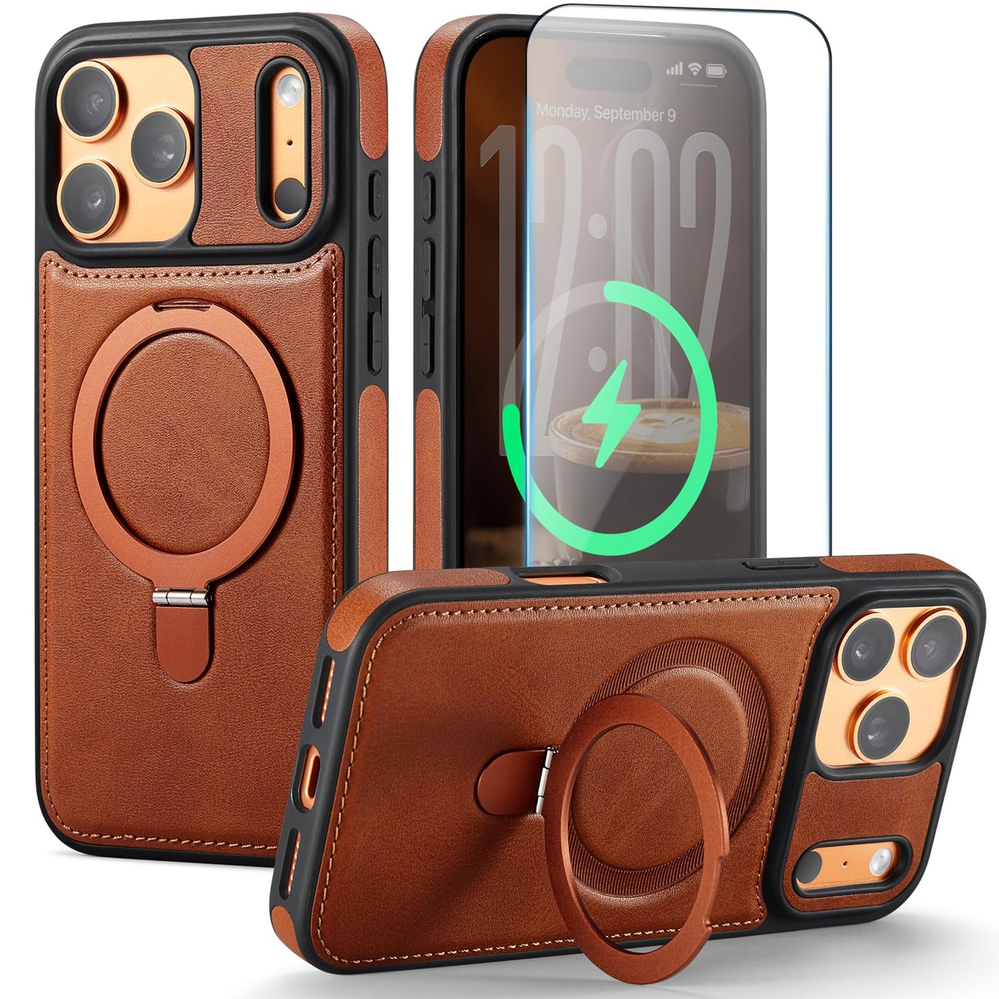 for iPhone 17 Pro Case with Stand Compatible with Magsafe, Brown | Magnetic Kickstand, with Tempered Glass Screen Protector, Durable PU Leather, Slim fit, Drop Proof Protective Phone Cover