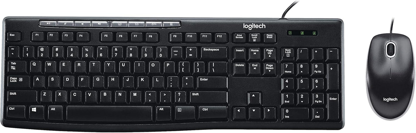 Logitech MK200 Media Combo Wired Keyboard and Mouse, Full-Size Keyboard with Easy-Access Media Controls, High-Definition Optical Mouse, Plug and Play USB Connection – Black