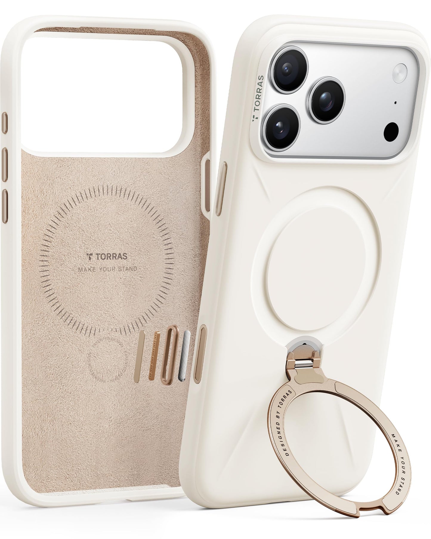TORRAS Q3 Silicone for iPhone 17 Pro Case with Stand, Fit for MagSafe, Magnetic 360 Spin Kickstand with Camera Control, Liquid Silicone Rubber Soft Phone Case for iPhone 17 Pro, Light Ivory