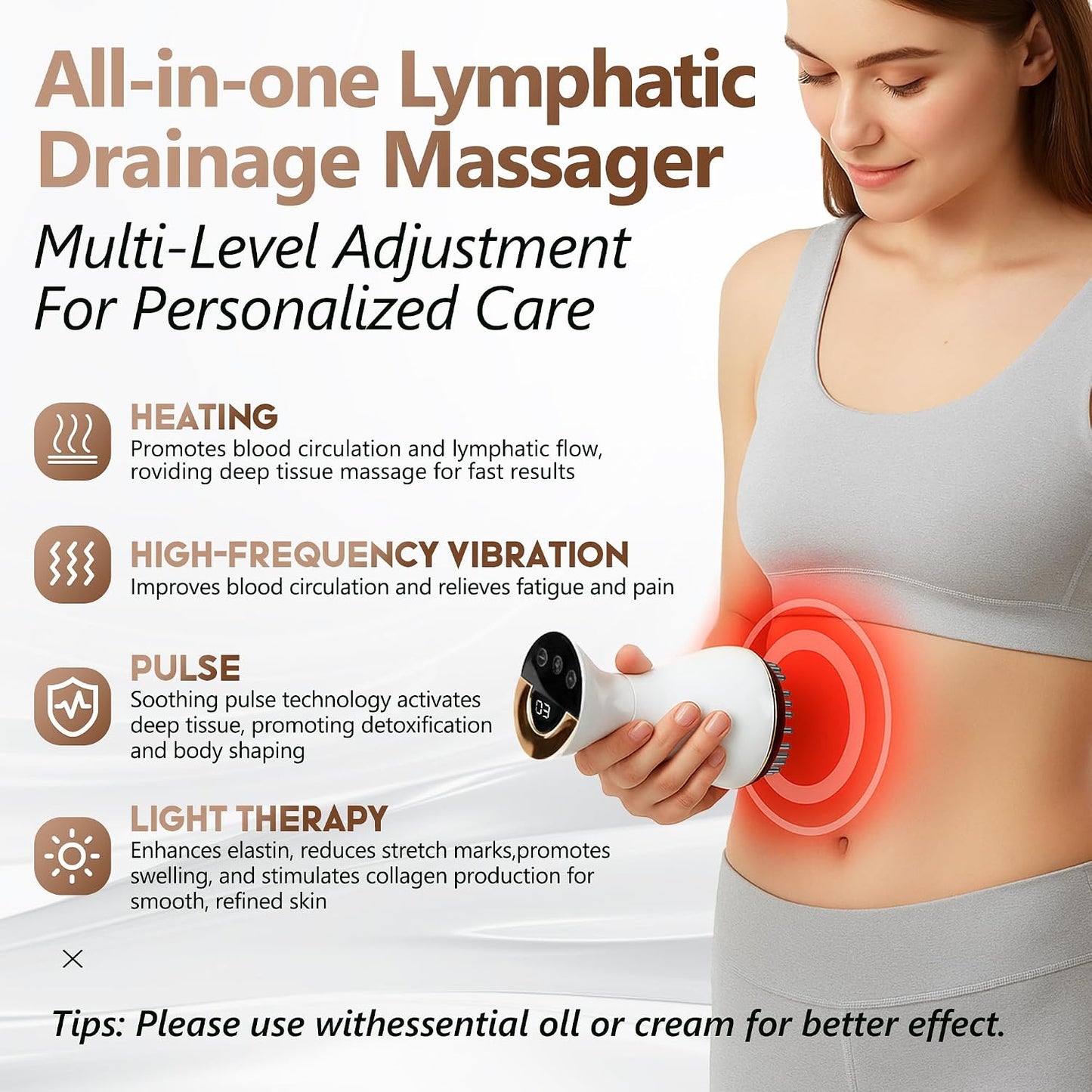 Lymphatic Drainage Massager, Anti Cellulite Massage Tool White 4-in-1 Heat Light Vibration, Suitable for Legs Arms, Abdomen, Helps Eliminate Cellulite Stretch Marks, Leaving Skin Smooth